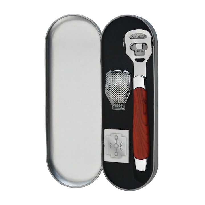 Aparat de ras pentru indepartarea calusurilor, ingrijirea picioarelor, pedichiura, aparat de ras pentru indepartarea calusurilor, maner din lemn, 10 lame