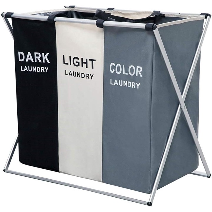 Cos pentru rufe, 3 compartimente, pliabil, impermeabil, multicolor, 64.5x37.5x58cm, 180 l