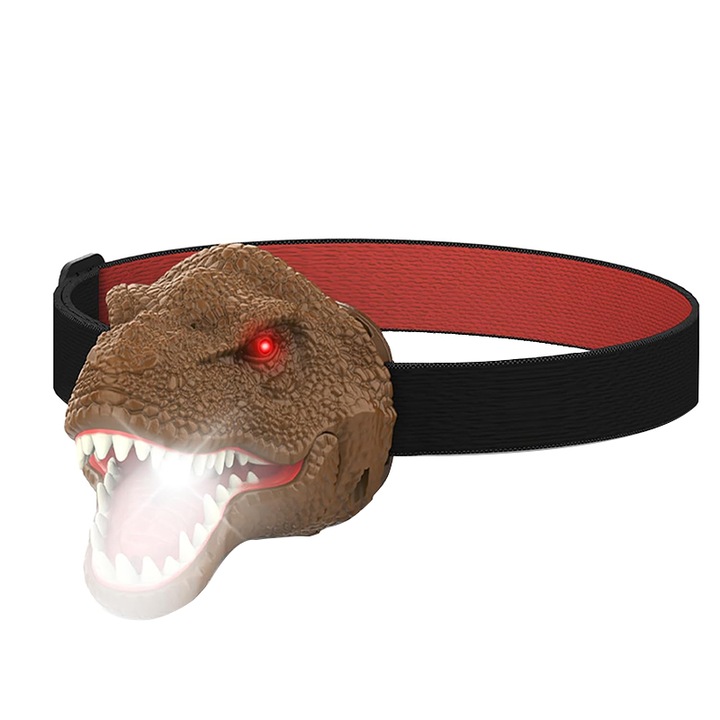 YWX, Детски челник, регулируема лента за глава, T-Rex форма, 100 лумена, кафяв