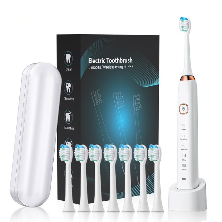 Periuta de dinti electrica sonica, 5 programe, functie memorie, timer inteligent, 800mAh, carcasa transport, IPX7, 8 capete moi, Alb