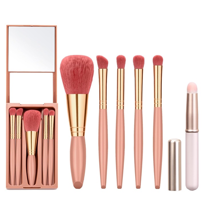 Set de pensule de machiaj, POMAMZ, 5 in 1 portabil, cu husa, cu oglinda, par sintetic, Roz