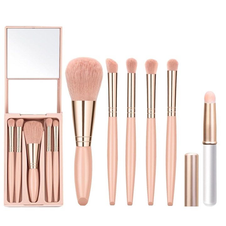 Set de pensule de machiaj, POMAMZ, 5 in 1 portabil, cu husa, cu oglinda, par sintetic, Caise