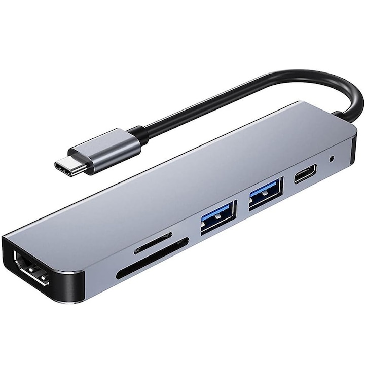 Хъб адаптер Multiport 6 в 1 USB-C 3.1, Rqiurpn, HDMI 4K, USB 3.0, USB 2.0, SD/TF четец на карти, PD 100W порт за зареждане, докинг станция за лаптоп, MacBook Air/Pro, Chromebook, таблет, сив