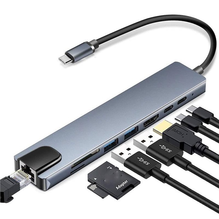 Адаптер за хъб Multiport 8 в 1 USB-C 3.1, Rqiurpn, HDMI 4K / LAN RJ45 Ethernet / Type C Port / USB 3.0 / Power Delivery Port 87W / TF и SD четец на карти, докинг станция за лаптоп, MacBook Air/Pro, Chromebook, Таблет, сив