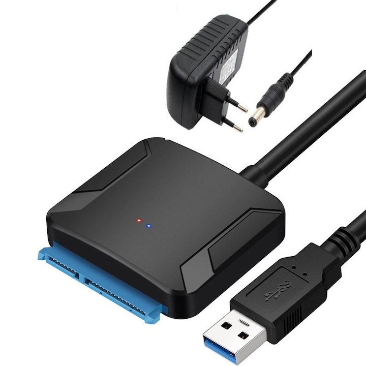 Adaptor USB 3.0 la SATA, Rqiurpn, pentru HDD/SSD 2.5/3.5 inch, 5Gbps UASP, plug and play, cu alimentator 12V, 45cm, Negru