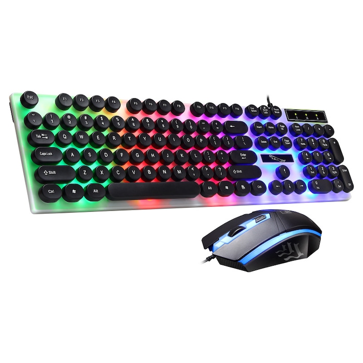 Set tastatura si mouse wireless Bizaical, 86 taste, design retro, multicolor, 313x141x39mm, 111x59x27mm