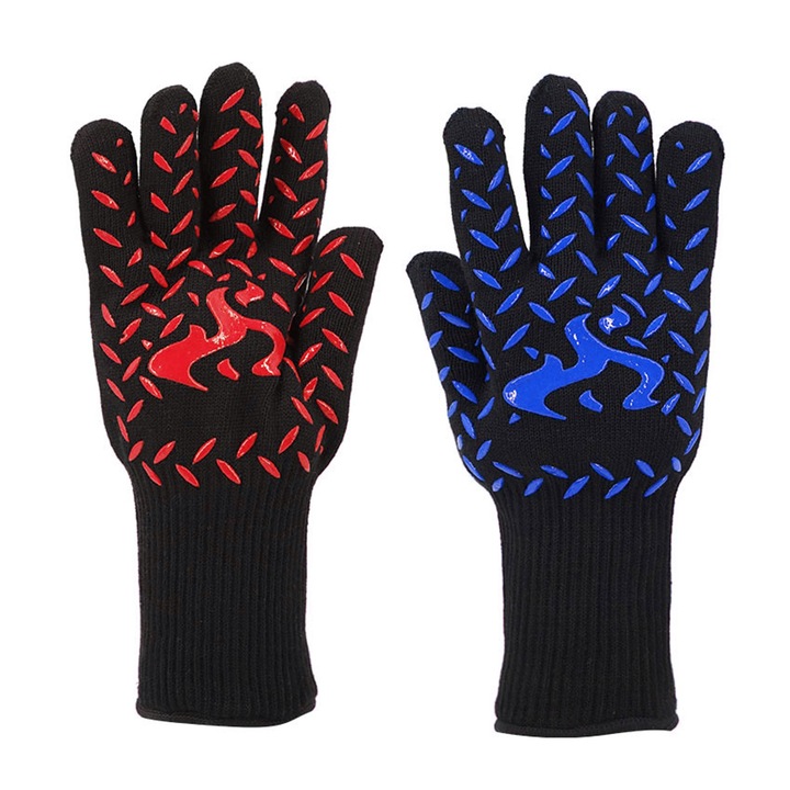 Manusi pentru gratar si bucatarie, Yhemday®, 2 pereche, rezistente la caldura, protectie anti-alunecare, aplicabil pentru exterior si bucatarie, marime universala, silicon, albastru & rosu