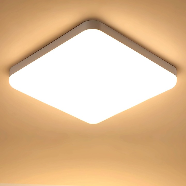LED плафон, Mckalen, 32 W, 3600 LM, Квадрат, 3000 K, IP54, Бял, за Баня, Антре, Кухня, Спалня, Балкон, Ултра тънък, Диаметър 25 см