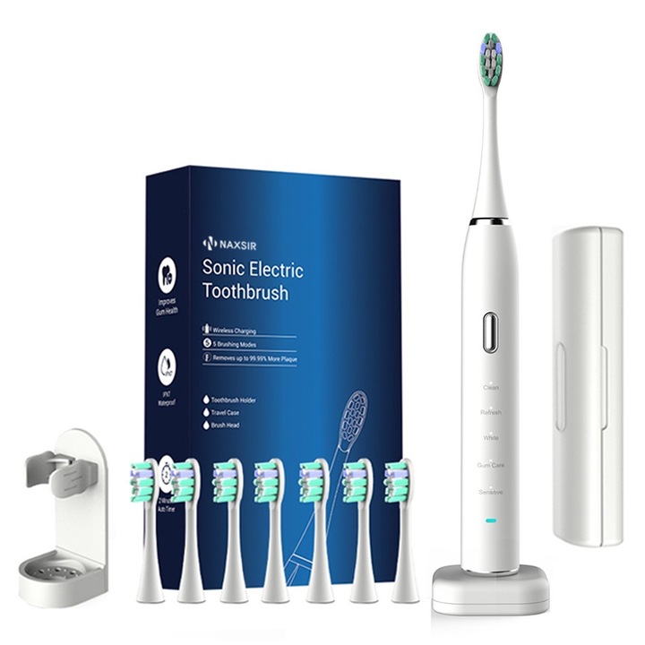 Ултразвукова електрическа четка за зъби, NAXSIR, безжично зареждане, 5 програми, 8 глави включени, Travel kit, IPX7, Бял