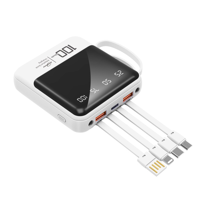 Acumulator extern, Jonkuu, 10000mAh, 2xUSB, 1xUSB-C, 1xLightning, 1xMicroUSB, 7 porturi, 2 Flashlights, Alb