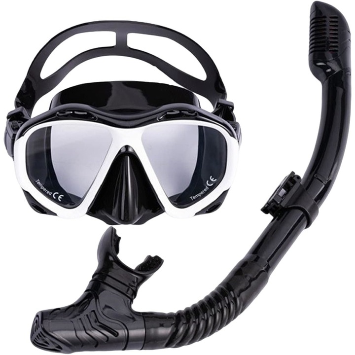 Комплект за гмуркане Latauar, Шнорхел за възрастни, Състоящ се от маска против запотяване и тръба, 16.5 × 9 cм/42 cм, Черно и бяло