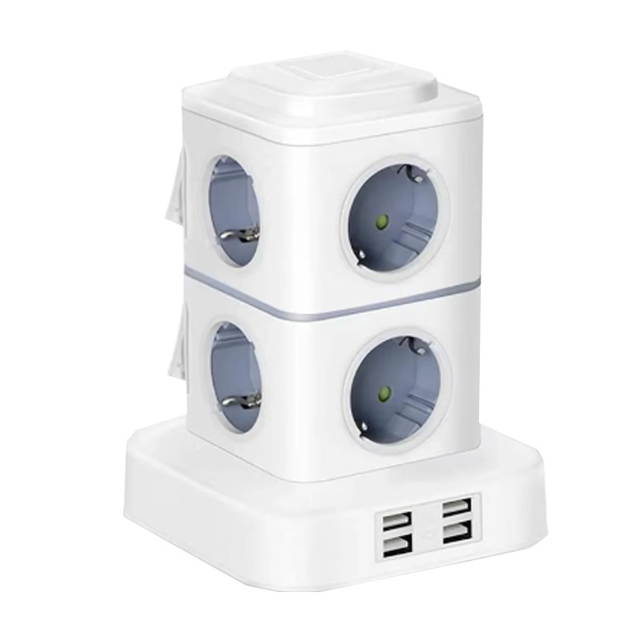 Удължител, Тип кула, 4xUSB порта/8x AC контакта, 2500W, 1.6M, Бял