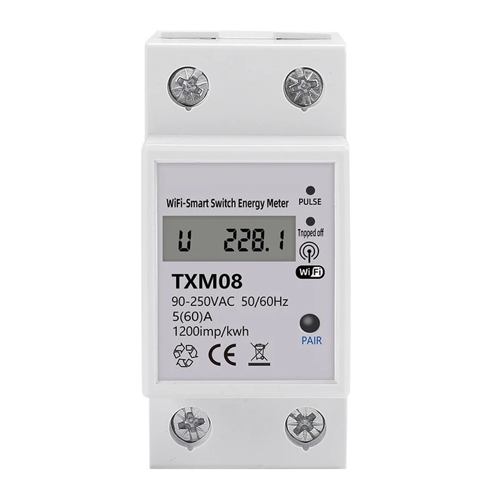 Contor monofazat, E-ETOP, ETXM08, contor electricitate, temporizator, protectie, 60A, 230V, WIFI, Tuya, Smart Life, alb