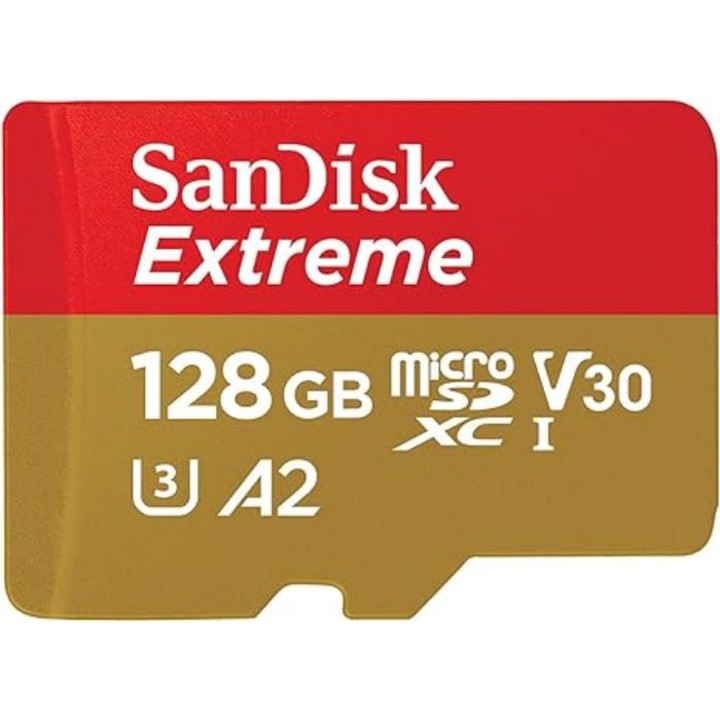 Card de memorie, SanDisk, 128 GB Extreme microSDXC UHS-I, cu adaptor, pana la 190 MB/s, C10, U3, V30, 4K, 5K, A2, card Micro SD