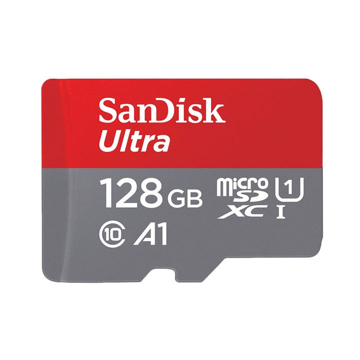 Карта с памет, SanDisk, 128 GB Ultra microSDXC UHS, 120 MB/s, C10, U1, Full HD, A1, Micro SD Card