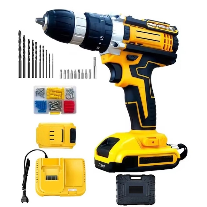 Trusa Bormasina Cu Percutie SIKS, Cu 26 De Accesorii, 2 Acumulatori De 36V Inclusi, Autofiletanta, Mod Infiletat, Mod Gaurit Cu Spiral, 18 Trepte De Turatie, Putere 2.0 Ah, Prelungitor Flexibil, Galben/Negru