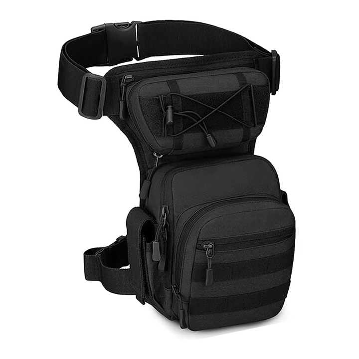 Geanta moto de picior si talie, ZJZ, impermeabil, rezistent la uzura, pentru ciclism, camping si drumetii, Nylon, Negru