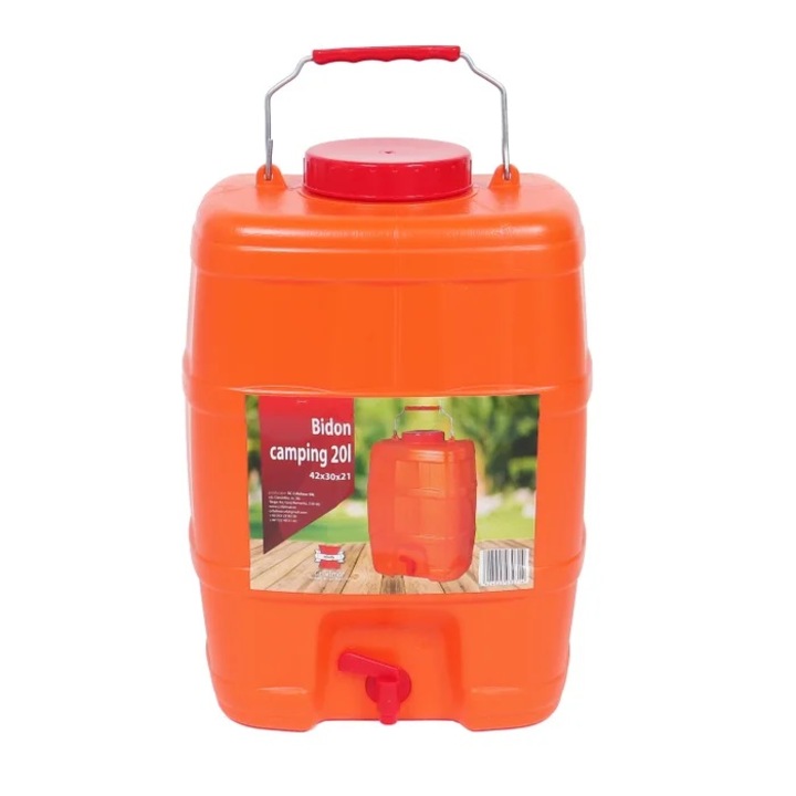 Bidon portocaliu, cu robinet, pentru camping, 30 x 21 x 43 cm, 20L