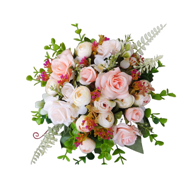 Aranjament floral cu flori artificiale crem si roz, DADY, trandafiri si ranunculus, diametru 20 cm, in ghiveci ceramic