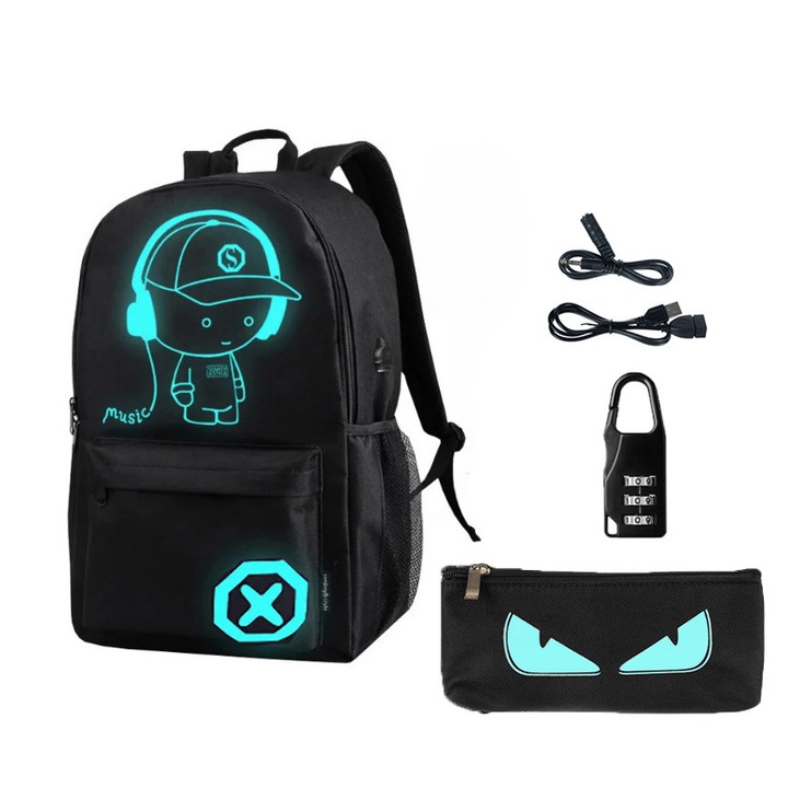 Тийнейджърска ученическа чанта, Zola®, 2 светлоотразителни дизайна, USB удължител за зареждане, жак за слушалки, кодова ключалка, моливник, 44x30x17 см, черен