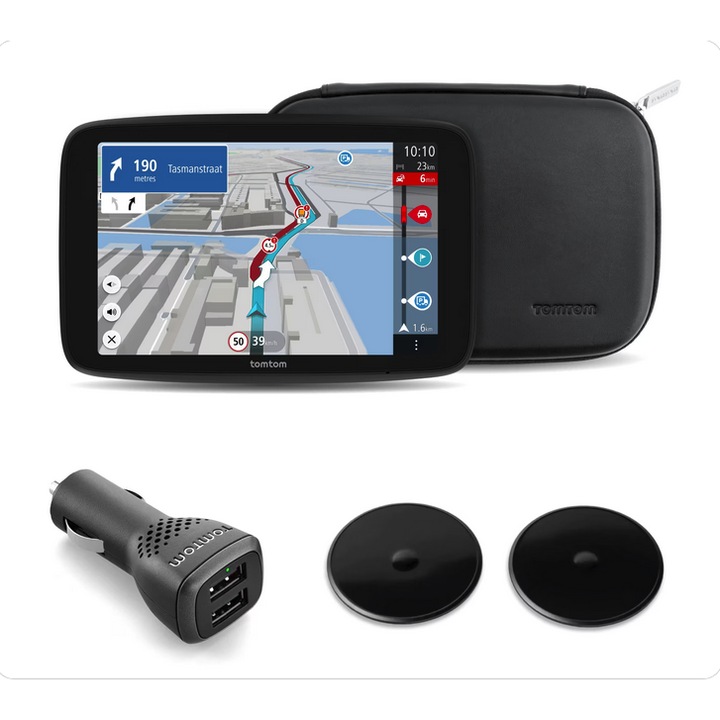 Професионална GPS навигационна с-ма TomTom Go Expert Plus Premium Pack 2024, 7", Пълна карта на света Камион, Автомобил, Wi-Fi актуализац., Гласови команди, Трафик на живо, ADR, Радарни камери, Визуални сигнали, USB-C, Двойно зарядно у-во, Кожен калъф