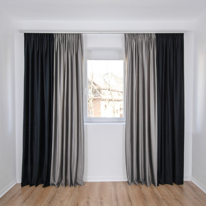 Set 2 Draperii Catifea in Doua Culori Vertical, Gri Deschis/Negru, Decolis, Prindere cu Banda Universala, 150x250 cm Fiecare