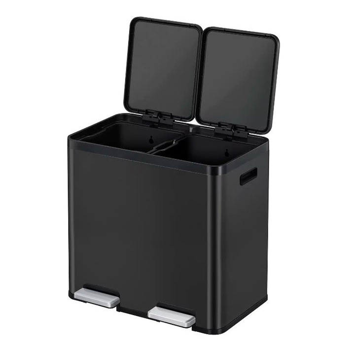 Cos de gunoi cu pedala EKO, Essential, capacitate 22 l + 22 l, 2 compartimente, deschidere/inchidere silentioasa a capacului, colectare selectiva deseuri, suport pentru fixarea sacului, corp din otel inoxidabil, rezistent la amprente, negru