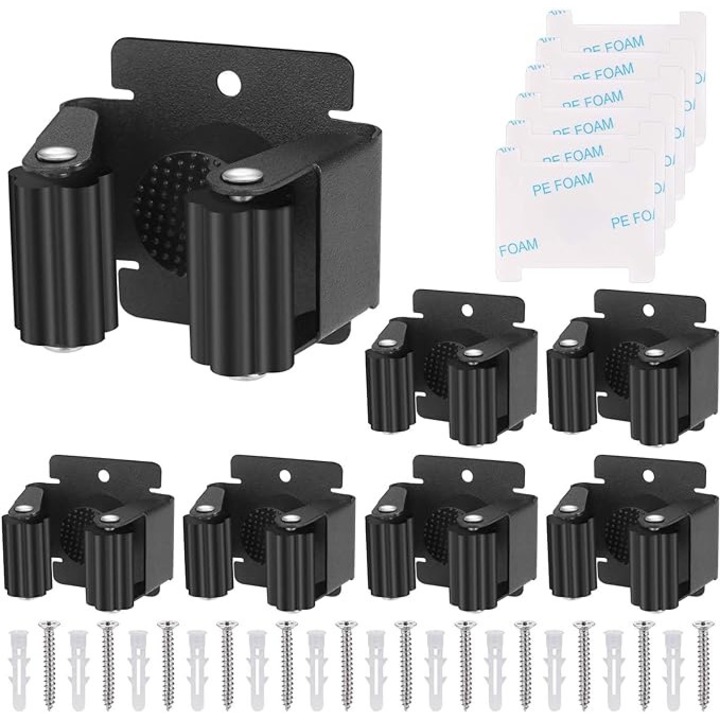 6db-os készlet fali tartó felmosó/seprű/tisztító edényekhez, JENUOS, tiplik mellékelve, rozsdamentes acél, csúszásgátló, fekete
