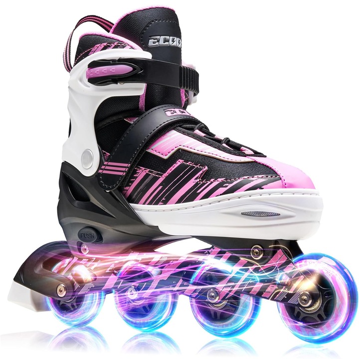 Állítható görkorcsolya gyerekeknek és felnőtteknek, világító szilikon kerekek, 4 kerék egy vonalban, ABEC-7 csapágyak, Alumínium/poliuretán, EK3 modell, L 36-39 méret, Rózsaszín