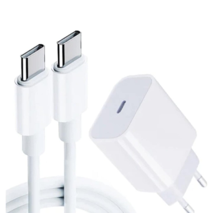 Set Incarcator Universal Fast Charge 20W si Cablu de Date Fast Charge 60W 1M Type-C - Type-C compatibil cu Samsung, Huawei, Oppo si alte dispozitive cu port incarcare Type-C