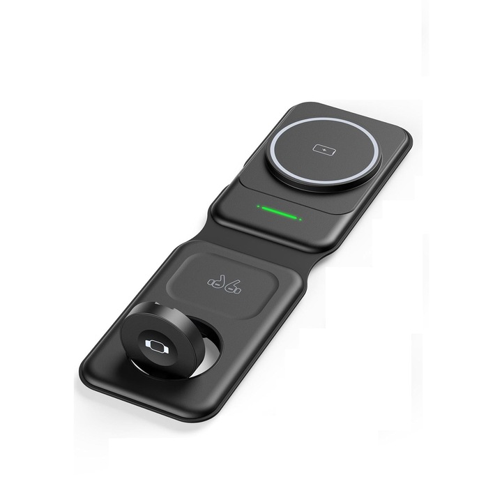 Statie de Incarcare Magnetica INIU pentru Mai Multe Dispozitive Apple, Pliabila, Compatibil MagSafe, pentru Seriile iPhone 14/13/12, Apple Watch, AirPods, Negru