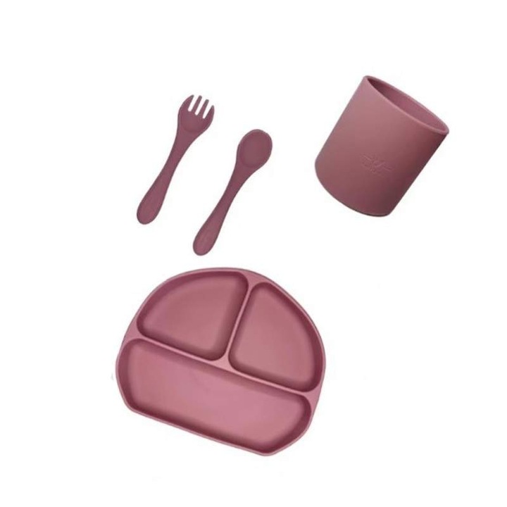 Set Tacamuri SIKS Diversificare Bebelusi, Din Silicon, Fara BPA, Farfurie Impartita, Cu Ventuza, Pahar, Lingurita, Furculita, Roz