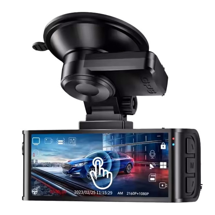 Camera Auto DVR 4K, Dual GPS, Touch Screen, unghiuri de filmare 170˚ si 140˚, ecran 3.18inch, 12-24V, Negru