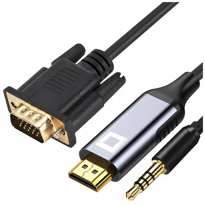 Cablu Adaptor, Co2®, VGA D-SUB la HDMI 2K/60Hz, Full HD, Mini Jack 3.5mm, Plug &Play, Placat cu aur, unidirectional, 2m, Aluminiu Space Gray