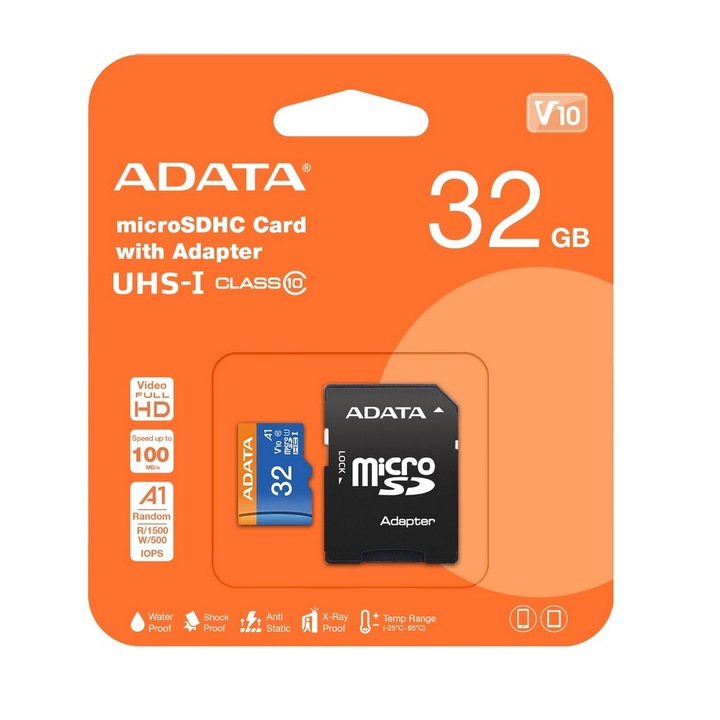 Adata MicroSD карта с памет, 32GB, 100MB/s, клас 10, с включен адаптер
