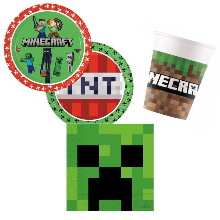 Set 36 piese articole party Minecraft, 8 farfurii 23cm, 8 pahare 200ml, 20 servetele 33x33cm, Procos