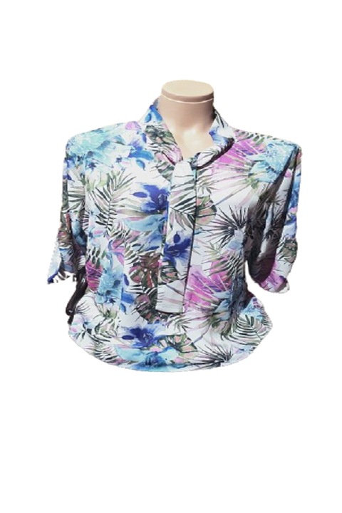 Bluza Dama cu Maneca 3/4 si Funda, cu Imprimeu Combinat, Albastru