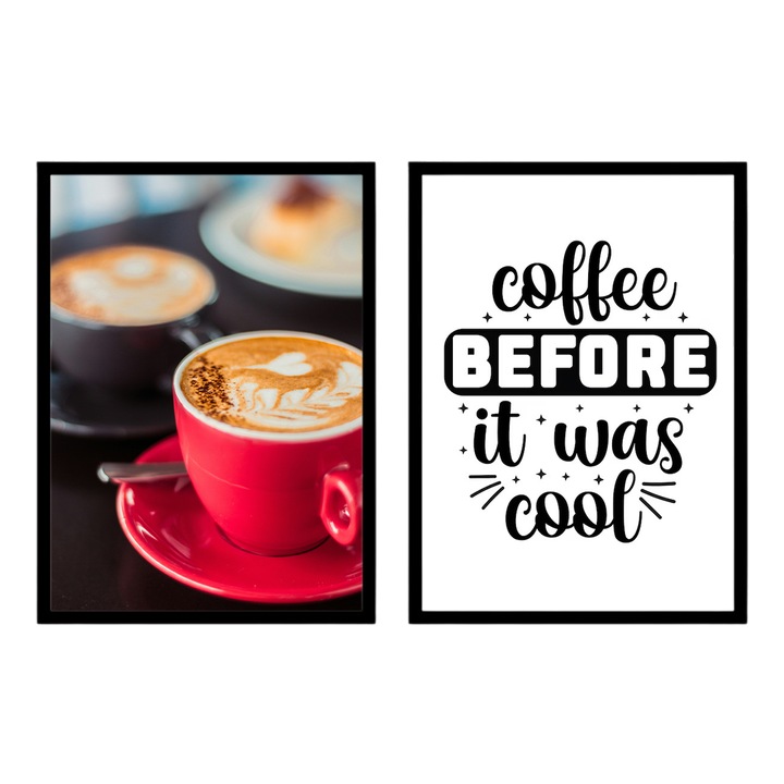 Set 2 Tablouri Cafea cu mesaj "Coffee Before it was cool", A4, Negru, 30x20cm