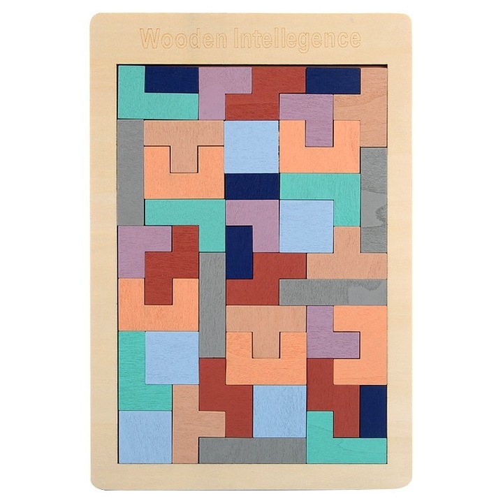 Montessori puzzle, fa, tetris típusú, szabálytalan formák, 40 darab, 26,5 x 17,7 cm, többszínű