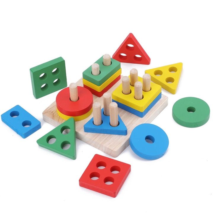 Oktatójáték, Montessori típusú, fa, geometriai formák, 16 db, 12 x 12 cm, többszínű