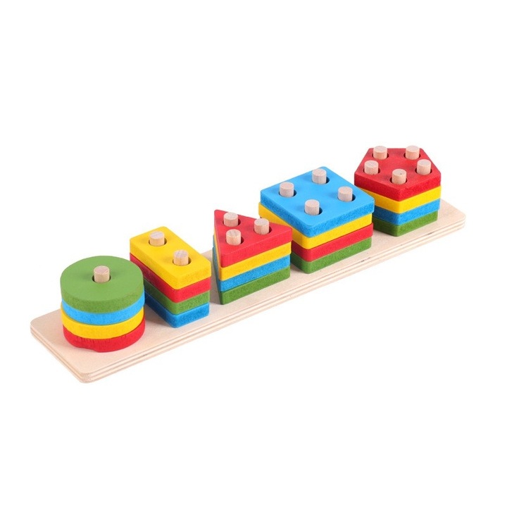 Oktatójáték, Montessori típusú, fa, geometriai formák, 20 db, többszínű