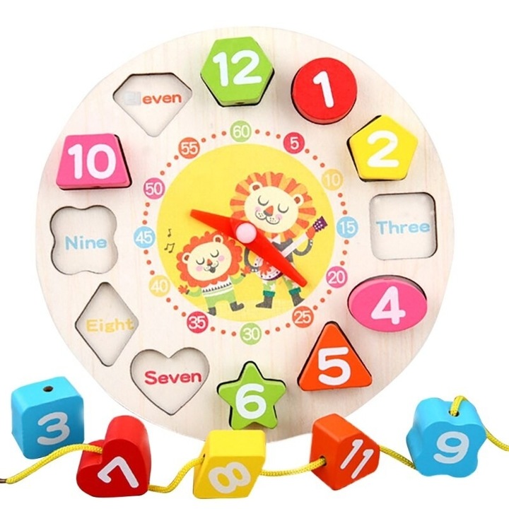Jucarie Educativa, Tip Montessori, Model Ceas Leu, din Lemn, 12 Piese, 17 cm, Multicolor