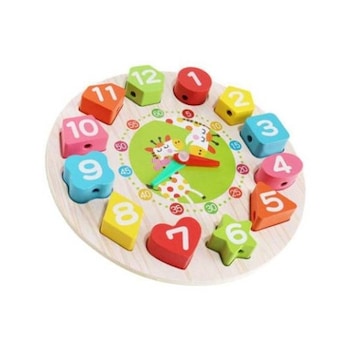 Jucarie Educativa, Tip Montessori, Model Ceas Girafa, din Lemn, 12 Piese, Multicolor