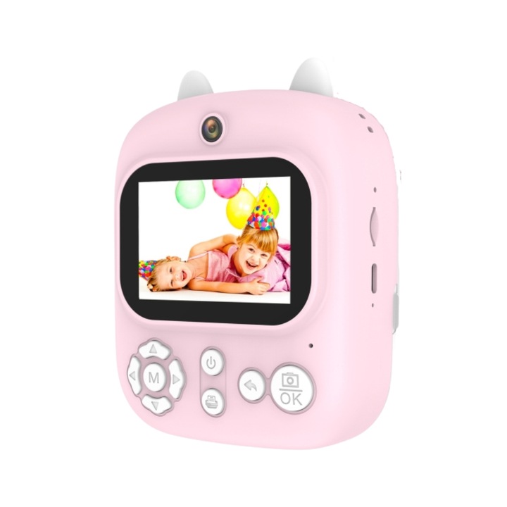 Camera foto digitala pentru copii, 1200W pixeli rezolutie, ecran de 2.4, imprimare instantanee, 32GB + cititor card, roz