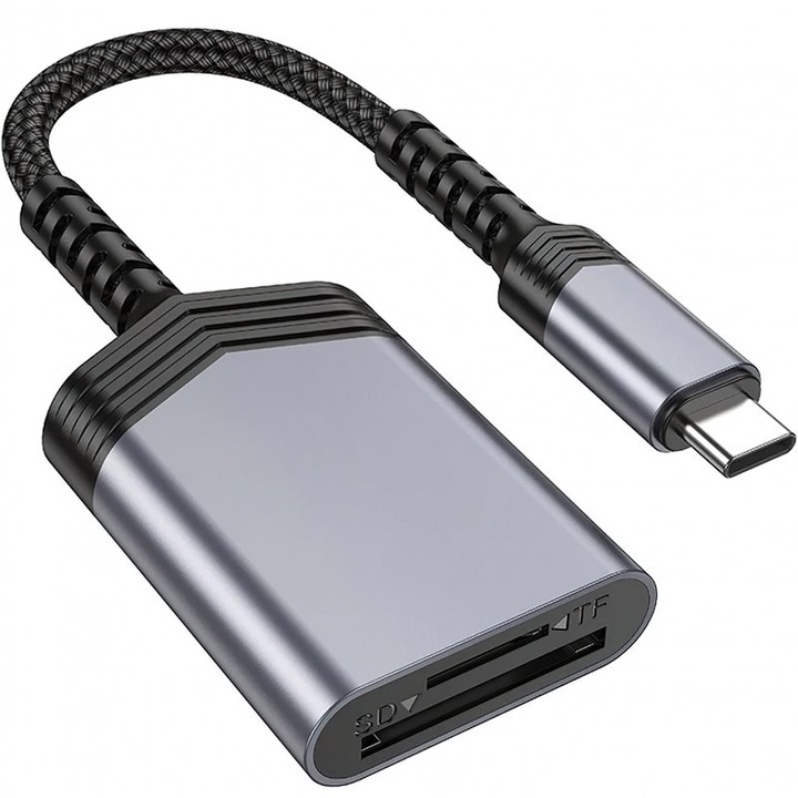 Cititor carduri si OTG, UA25, conector USB-C la SD card si Micro-SD, 480 Mbps, Plug and Play, Gri