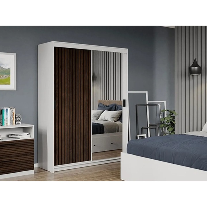 Dulap dormitor, Line, Stejar Inchis cu Oglinda, 138cm, Pal Melaminat