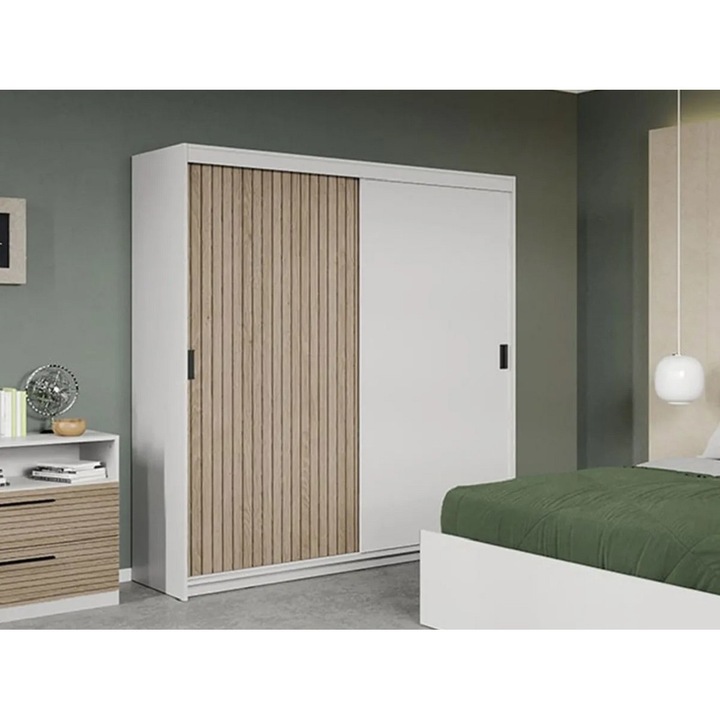 Dulap dormitor, Line, Stejar Natur cu Alb, 184cm, Pal Melaminat