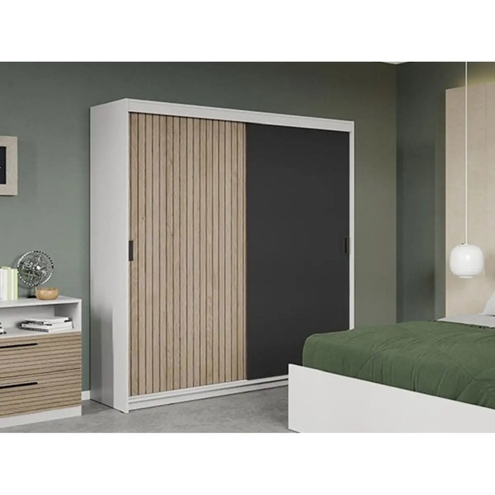 Dulap dormitor, Line, Stejar Natur cu Gri, 184cm, Pal Melaminat