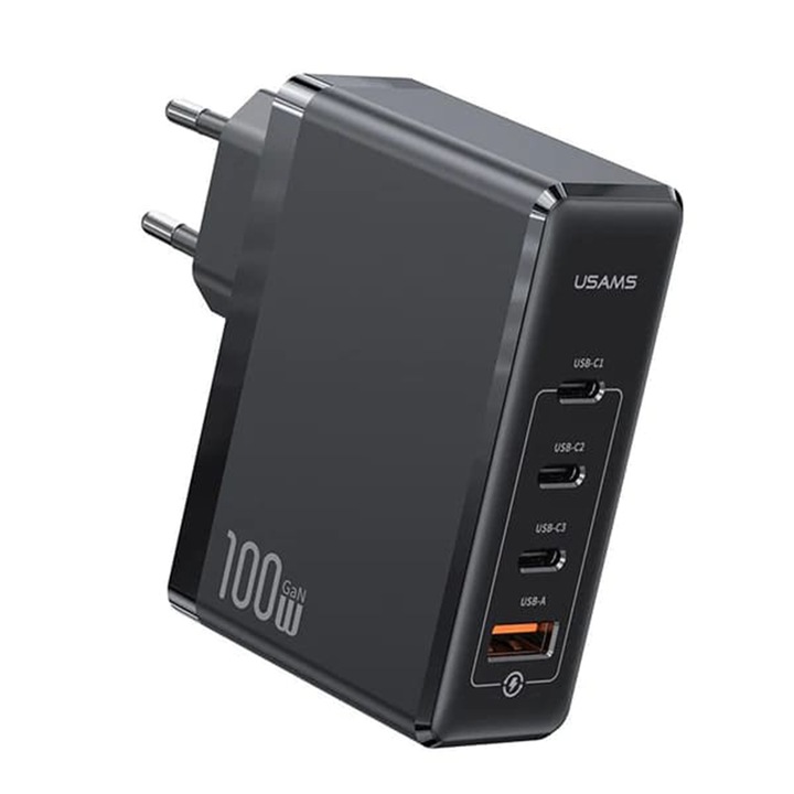 Töltő Usams US-CC163 T50 (CC163TC01), 3x Type-C, USB, 100 W, fekete