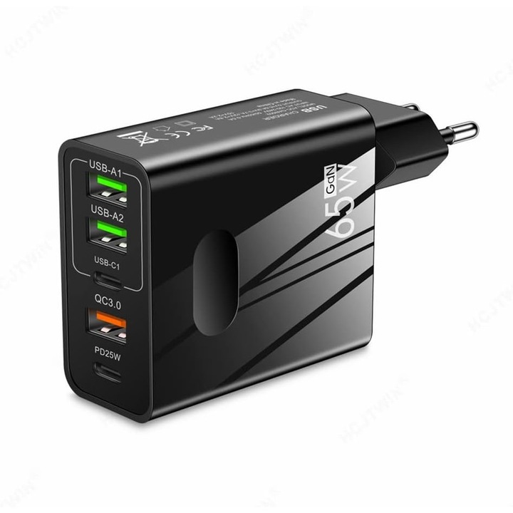Incarcator priza 65W Fast Charge cu 5 porturi 3 x USB 3.0 2 x USB Type C compatibil telefoane si tablete negru